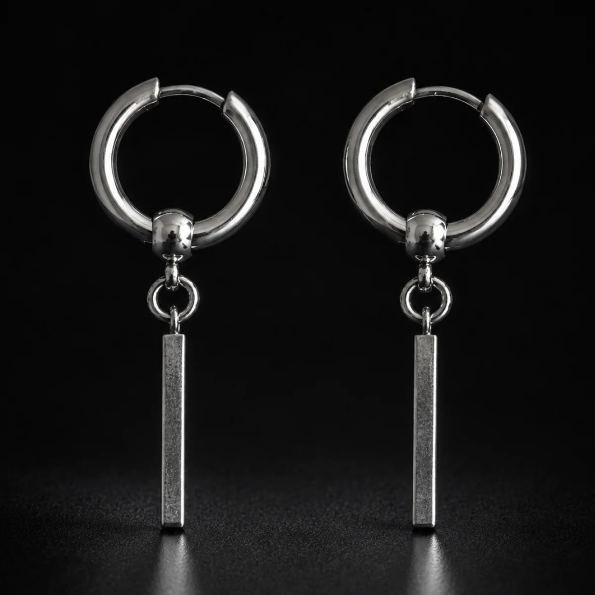 Bar Dangle Hoop Earrings Silver Pair Close Up Black Background
