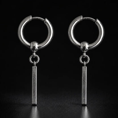 Bar Dangle Hoop Earrings Silver Pair Close Up Black Background
