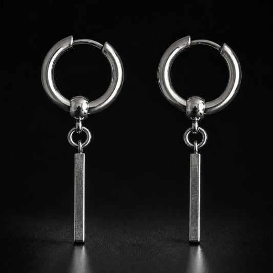 Bar Dangle Hoop Earrings Silver Pair Close Up Black Background