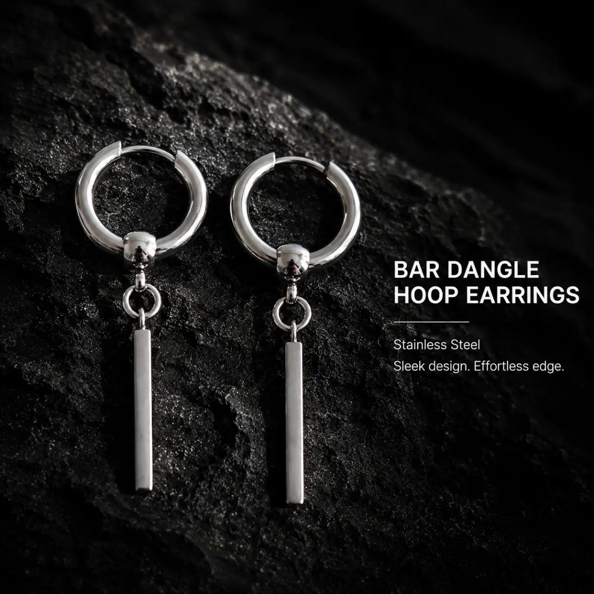 Bar Dangle Hoop Earrings Silver Pair Displayed on Stone Surface