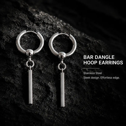 Bar Dangle Hoop Earrings Silver Pair Displayed on Stone Surface
