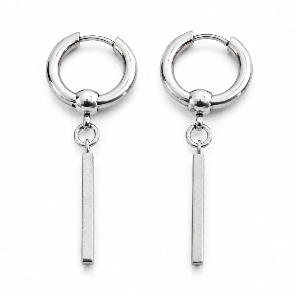 Bar Dangle Hoop Earrings Silver Pair Front View White Background