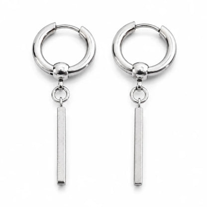 Bar Dangle Hoop Earrings Silver Pair Front View White Background