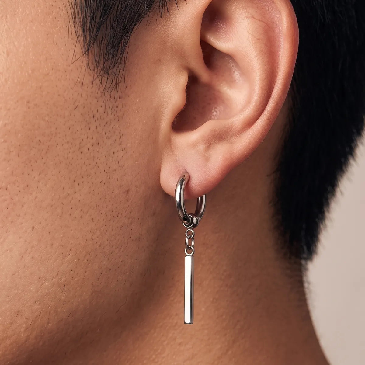 Bar Dangle Hoop Earrings Silver Worn by Male Model Close Up