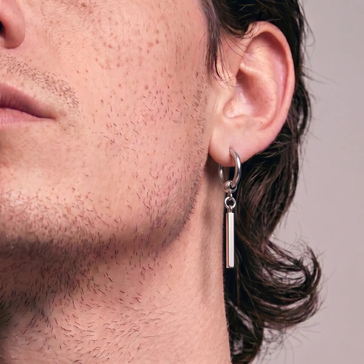 Bar Dangle Hoop Earrings Silver Worn by Male Model Profile View
