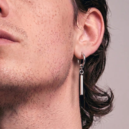 Bar Dangle Hoop Earrings Silver Worn by Male Model Profile View