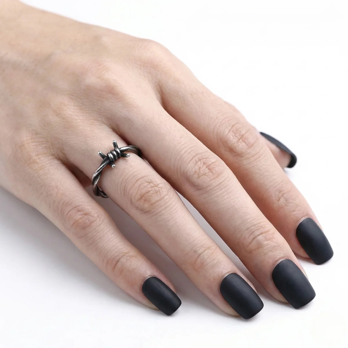 Barbed Wire Ring Worn by Female Model Close Up