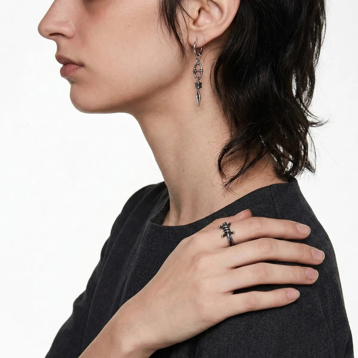 Barbed Wire Ring Worn by Female Model