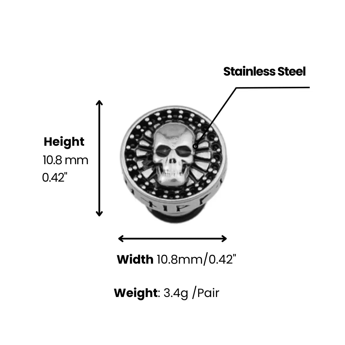 Barbell Skull Stud Earrings Dimensions and Weight