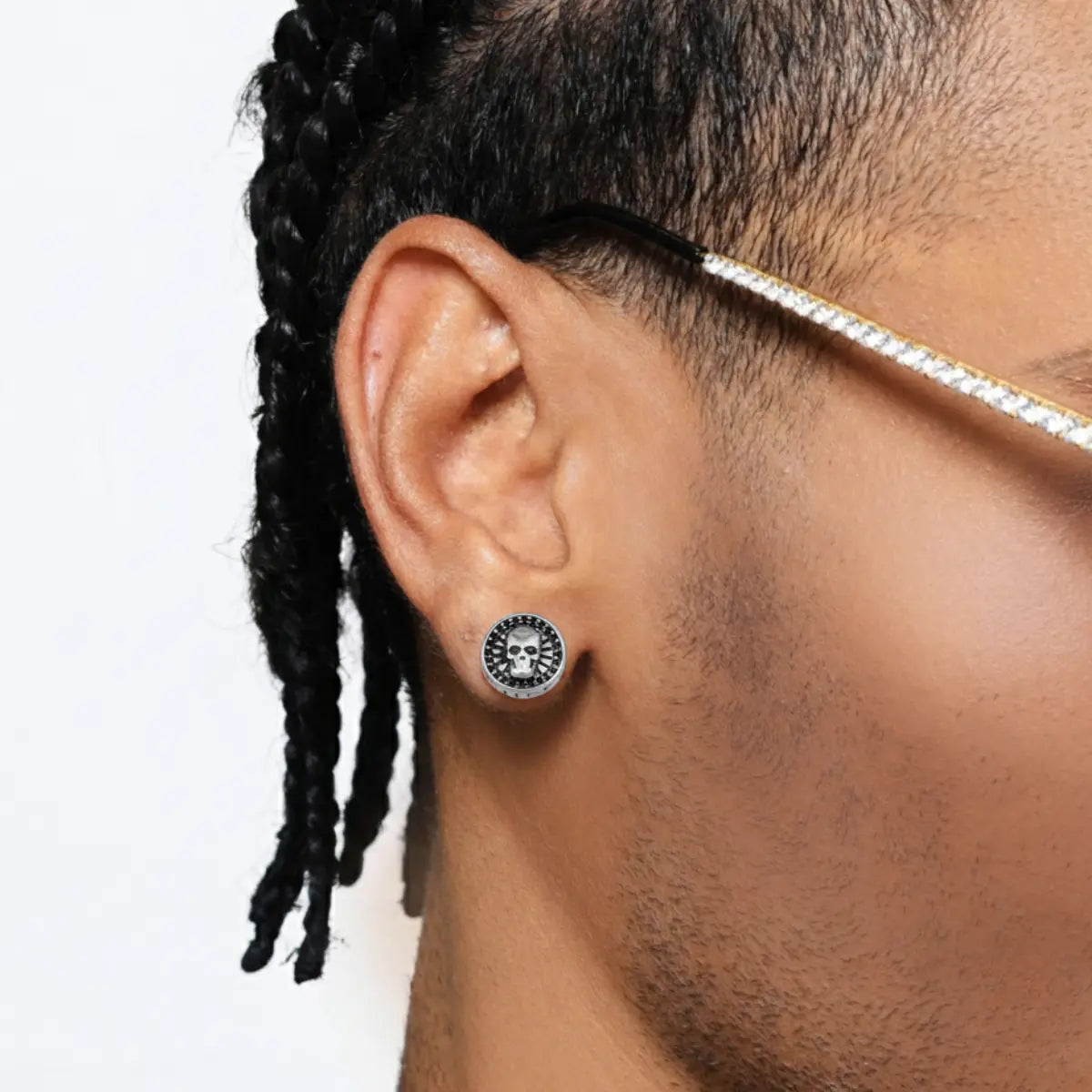 Barbell Skull Stud Earrings Worn by Male Model