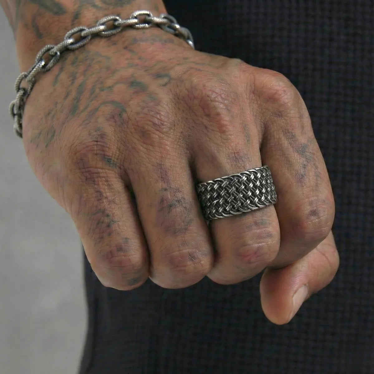 Basket Weave Steel Band Ring Worn by Male Model