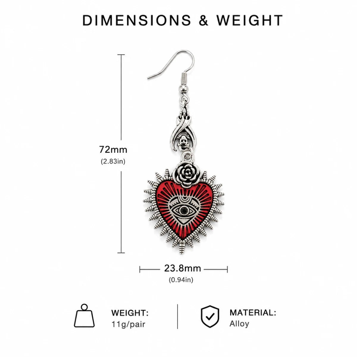 Bat Dangle Earrings for Women Silver Dimension Diagram 72mm 2.83inch and 23.8mm 0.94inch