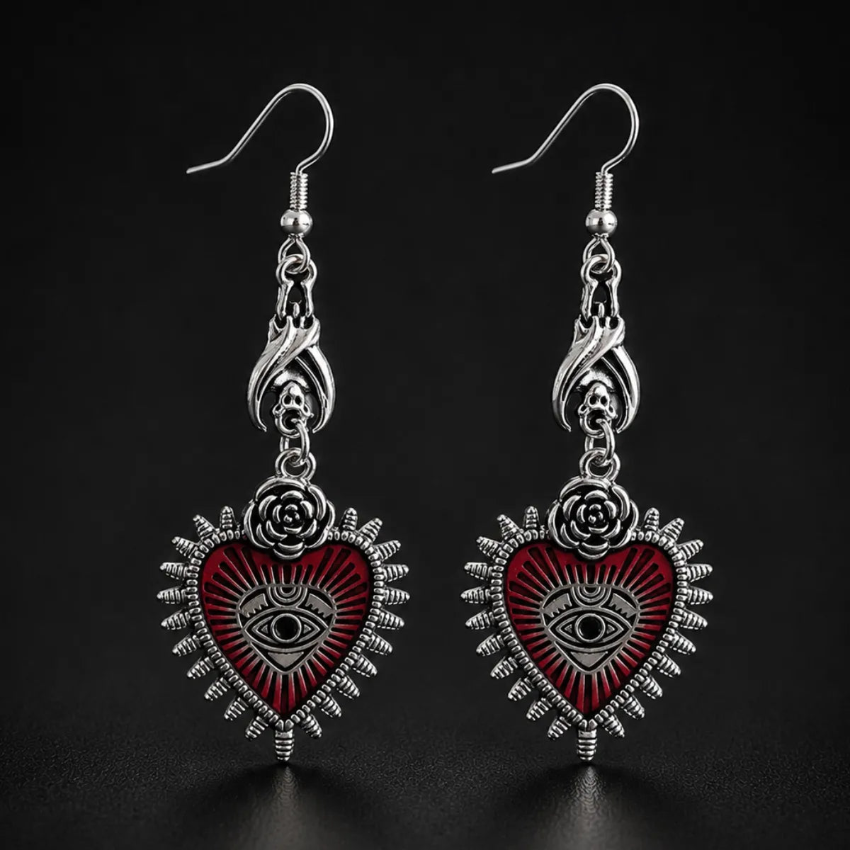 Bat Dangle Earrings for Women Silver Pair Close Up Black Background