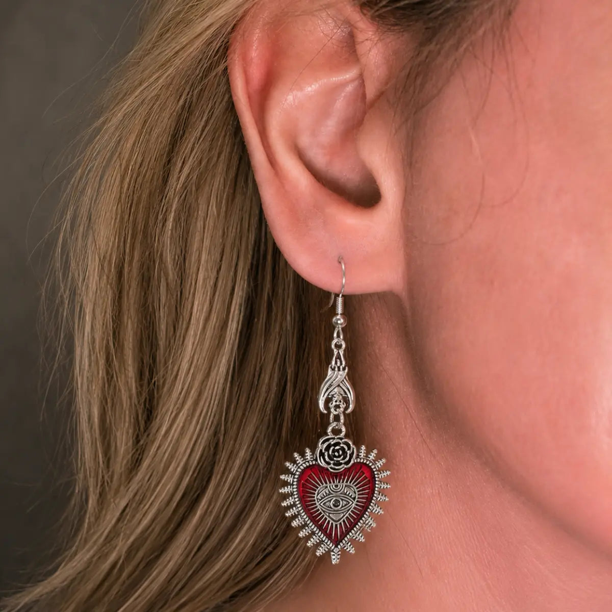 Bat Dangle Earrings for Women Silver Worn by Female Model Close Up