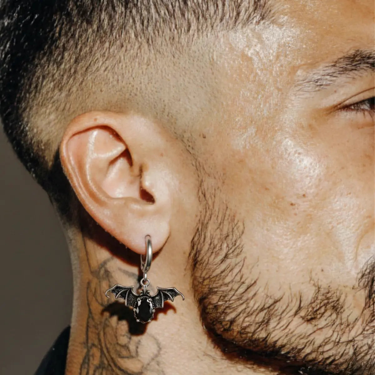 Bat Drop Hoop Earrings Worn by Male Model