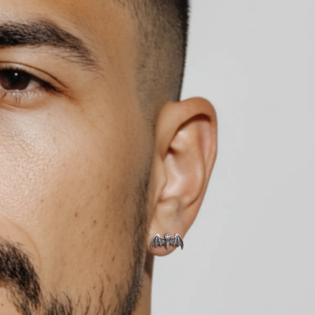 Bat Stud Earrings Sterling Silver Worn by Male Model