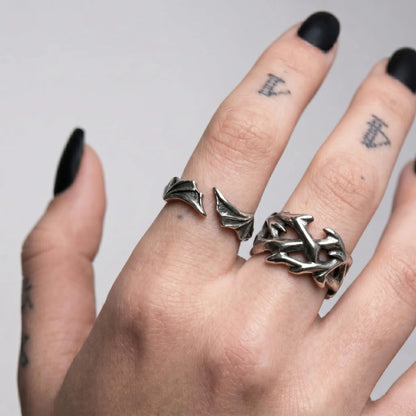 Bat Wing Ring and Vintage Crown of Thorns Ring Worn by Female Model
