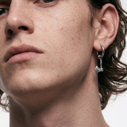 Battle Axe Earrings Silver Worn by Male Model Front Close Up