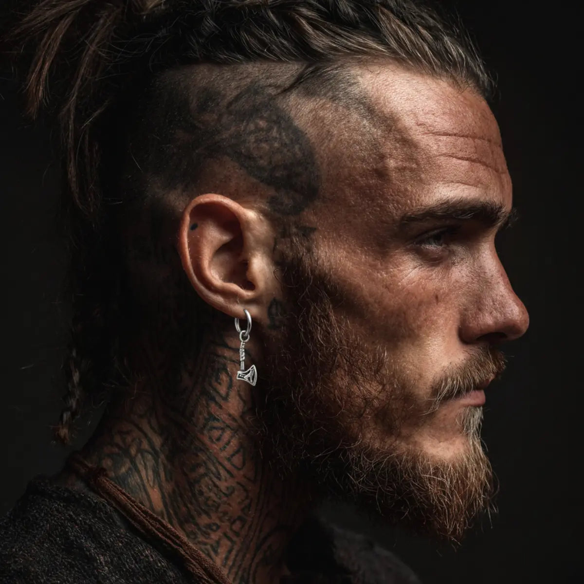 Battle Axe Earrings Silver Worn by Male Model