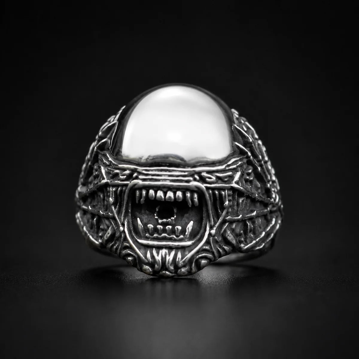 Biomechanical Monster Ring Silver Close Up Black Background