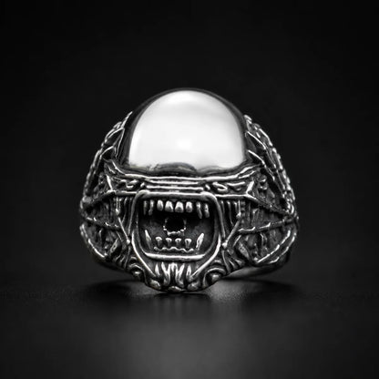 Biomechanical Monster Ring Silver Close Up Black Background