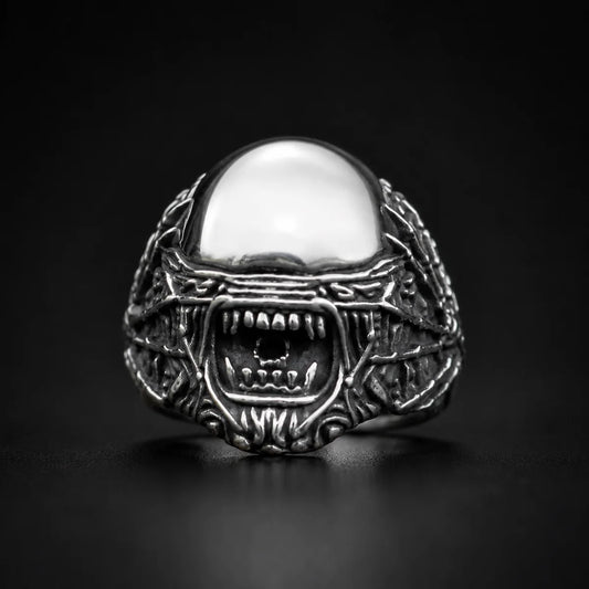 Biomechanical Monster Ring Silver Close Up Black Background