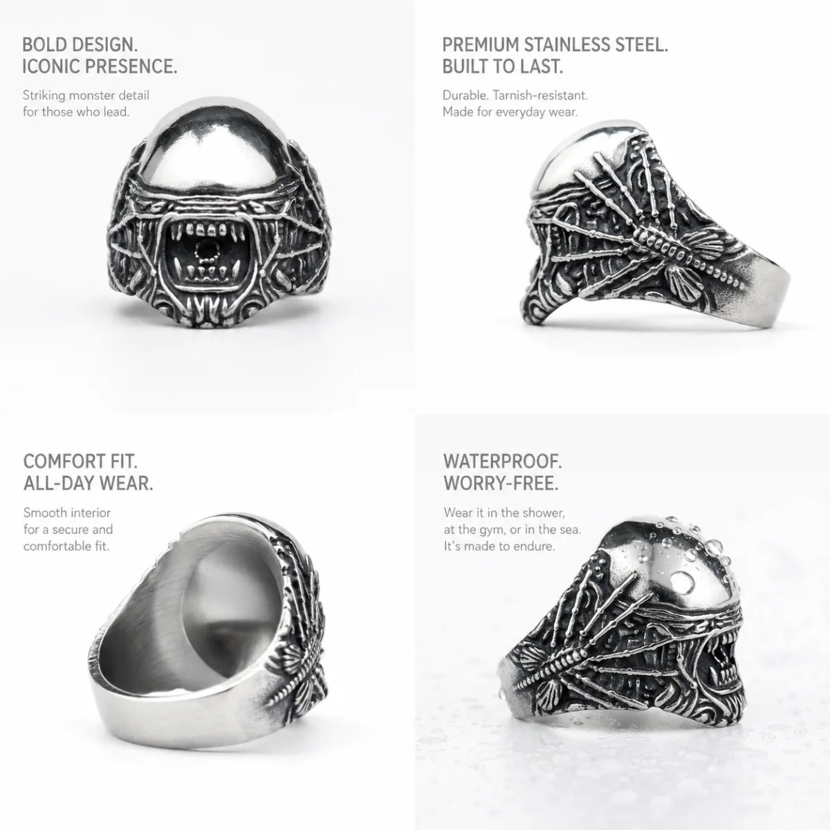 Biomechanical Monster Ring Silver Details and Features Infographic