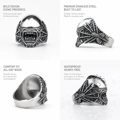 Biomechanical Monster Ring Silver Details and Features Infographic