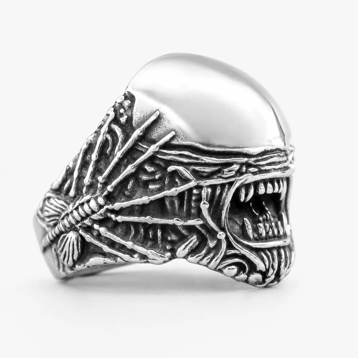 Biomechanical Monster Ring Silver Side Profile White Background