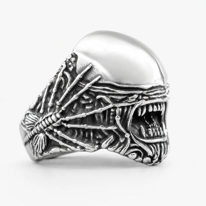 Biomechanical Monster Ring Silver Side Profile White Background