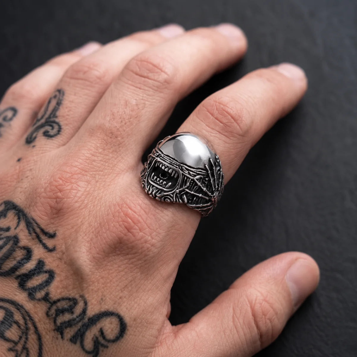 Biomechanical Monster Ring Silver Worn on Hand Close Up