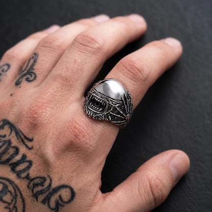 Biomechanical Monster Ring Silver Worn on Hand Close Up