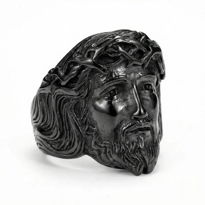 Black 3D Jesus Head Thorn Ring Details