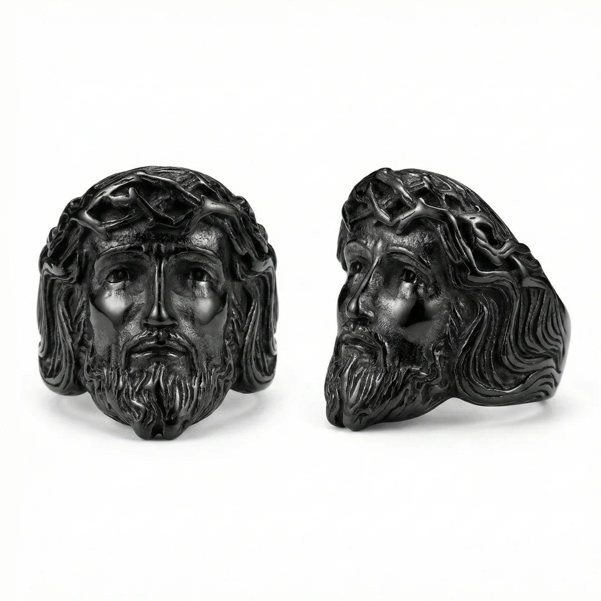 Black 3D Jesus Head Thorn Ring Multi Angle Details