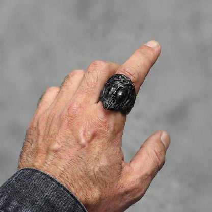 Black 3D Jesus Head Thorn Ring Worn by Male Model