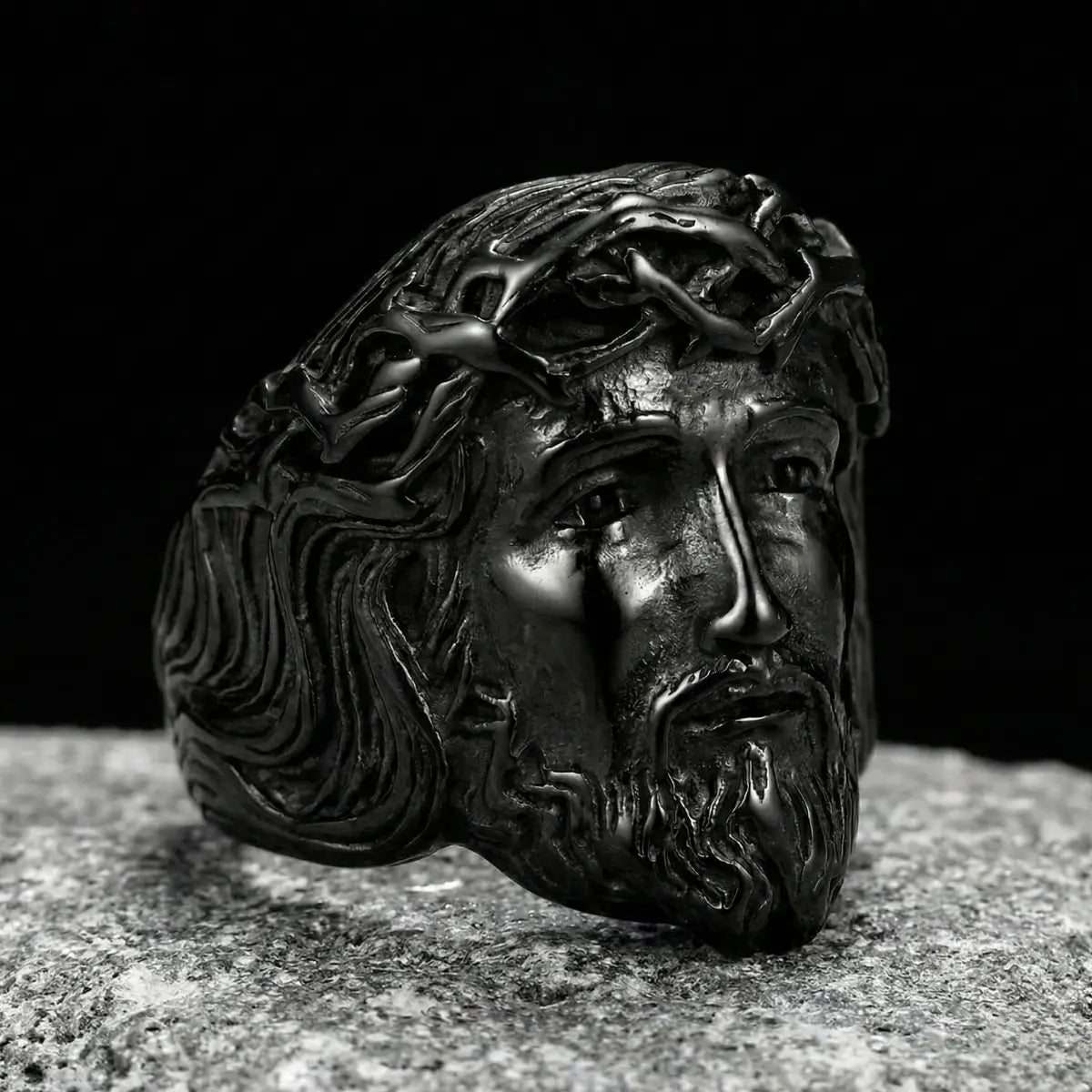 Black 3D Jesus Head Thorn Ring