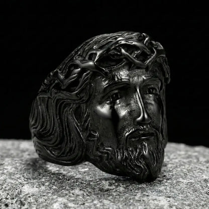 Black 3D Jesus Head Thorn Ring