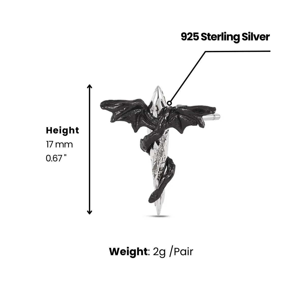 Black Bat Wing Stud Earrings Sterling Silver Dimensions and Weight