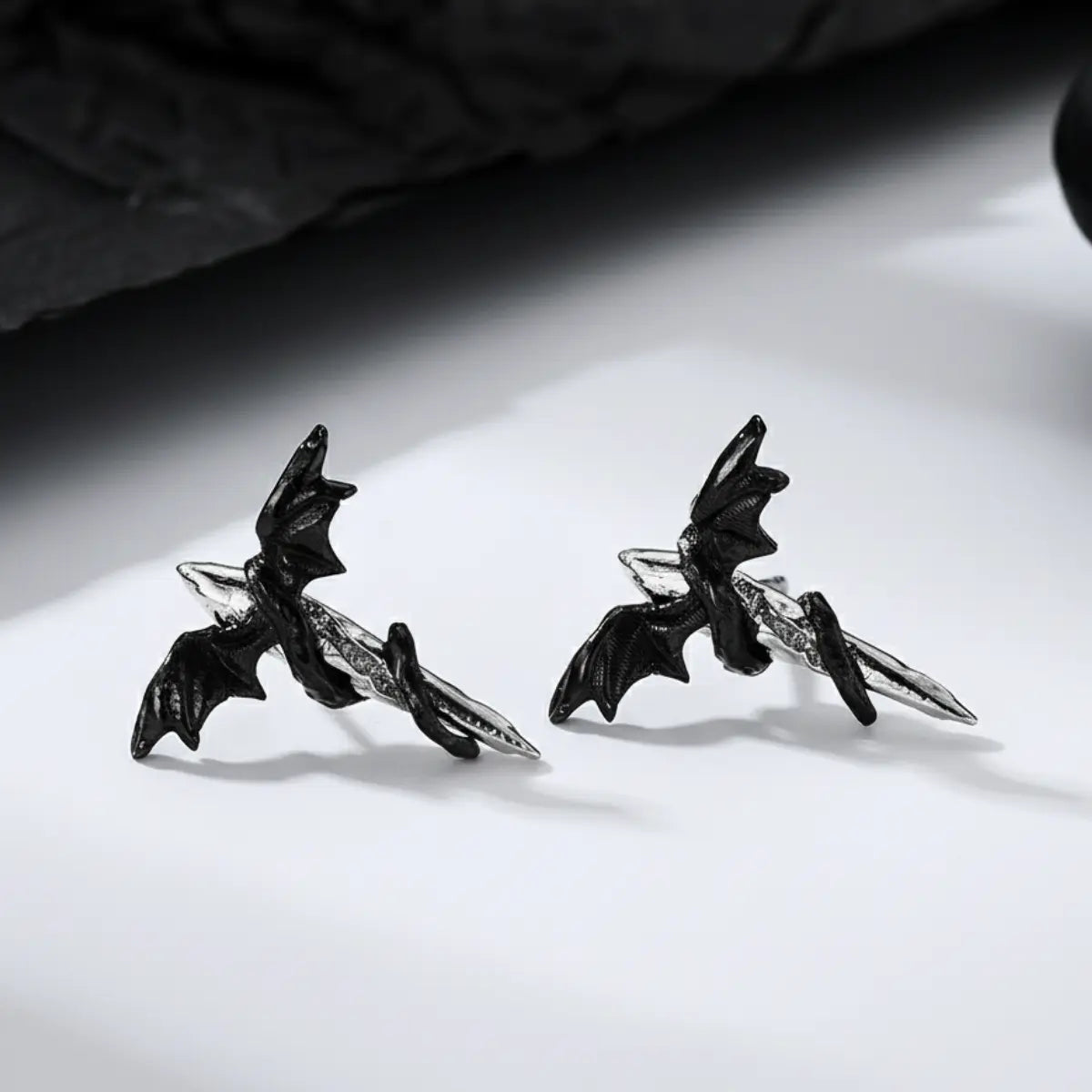 Black Bat Wing Stud Earrings Sterling Silver Side