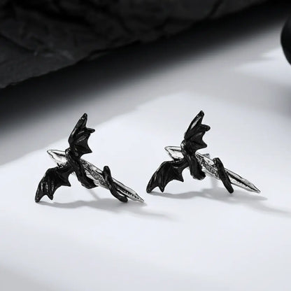Black Bat Wing Stud Earrings Sterling Silver Side