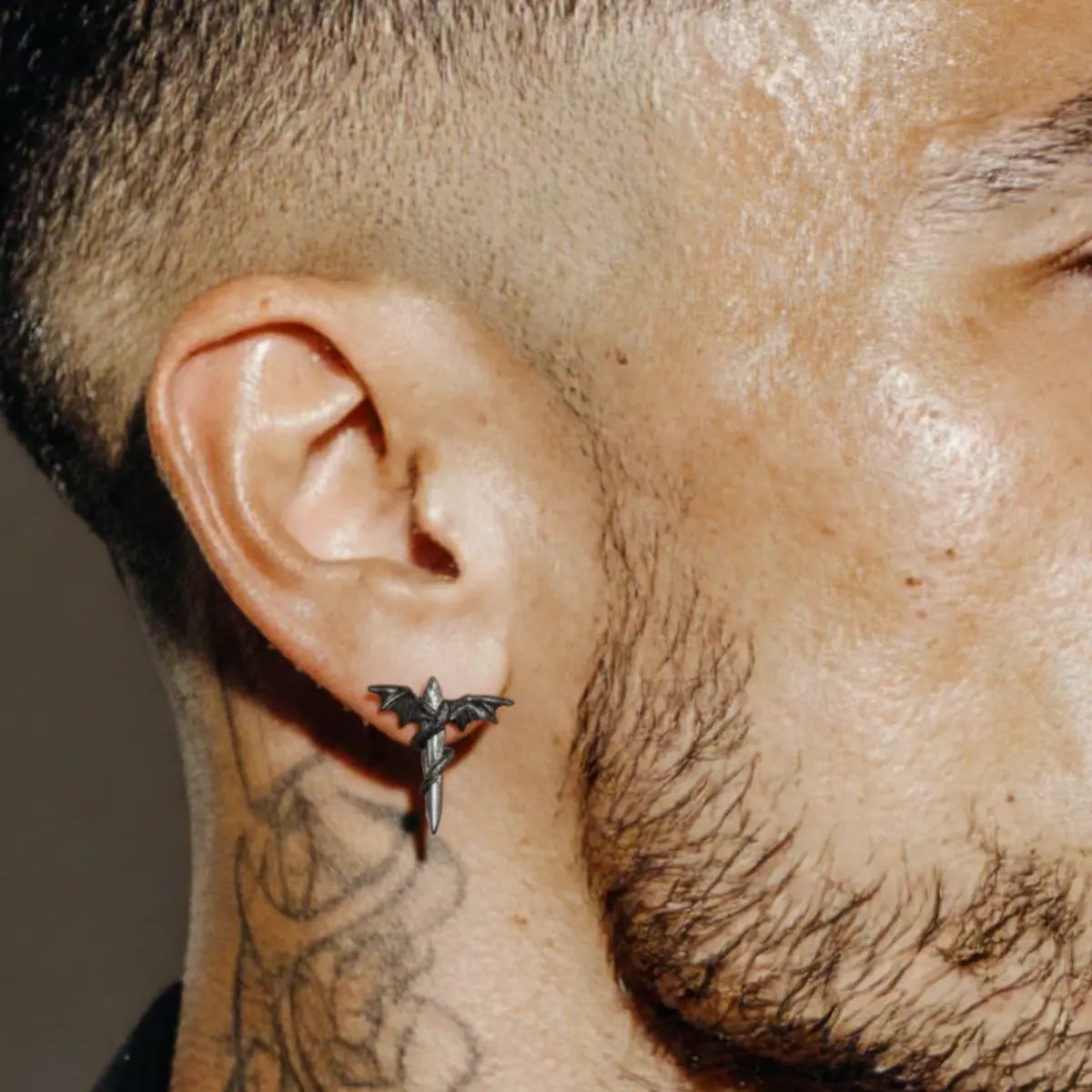 Black Bat Wing Stud Earrings Sterling Silver Worn by Male Model