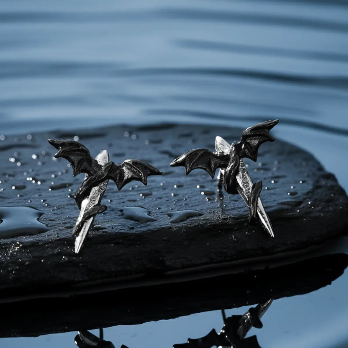 Black Bat Wing Stud Earrings Sterling Silver