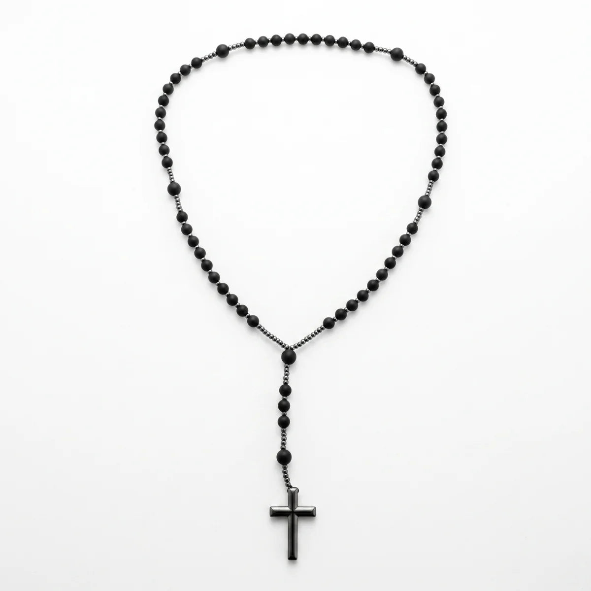 Black Beaded Cross Necklace Full View White Background