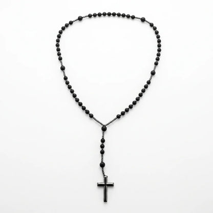 Black Beaded Cross Necklace Full View White Background