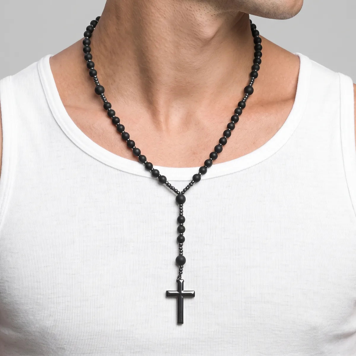 Black Beaded Cross Necklace Worn by Male Model
