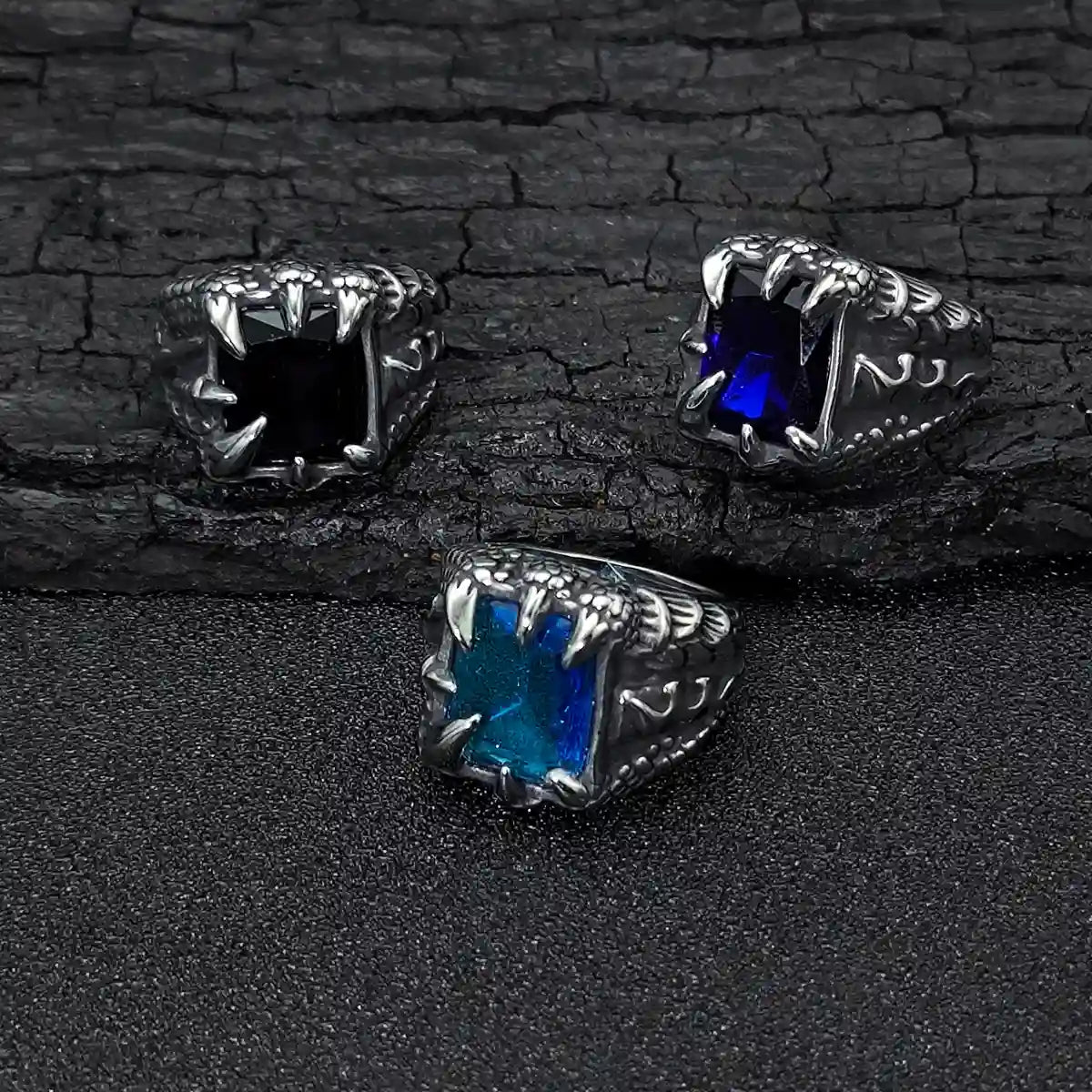 Black Blue and Light Blue Gemstone CZ Stainless Steel Dragon Claw Ring Details