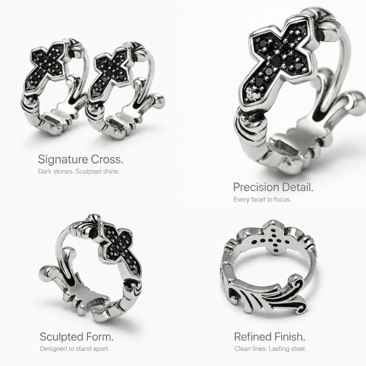 Black CZ Cross Huggie Hoop Earrings Silver Details and Features Infographic