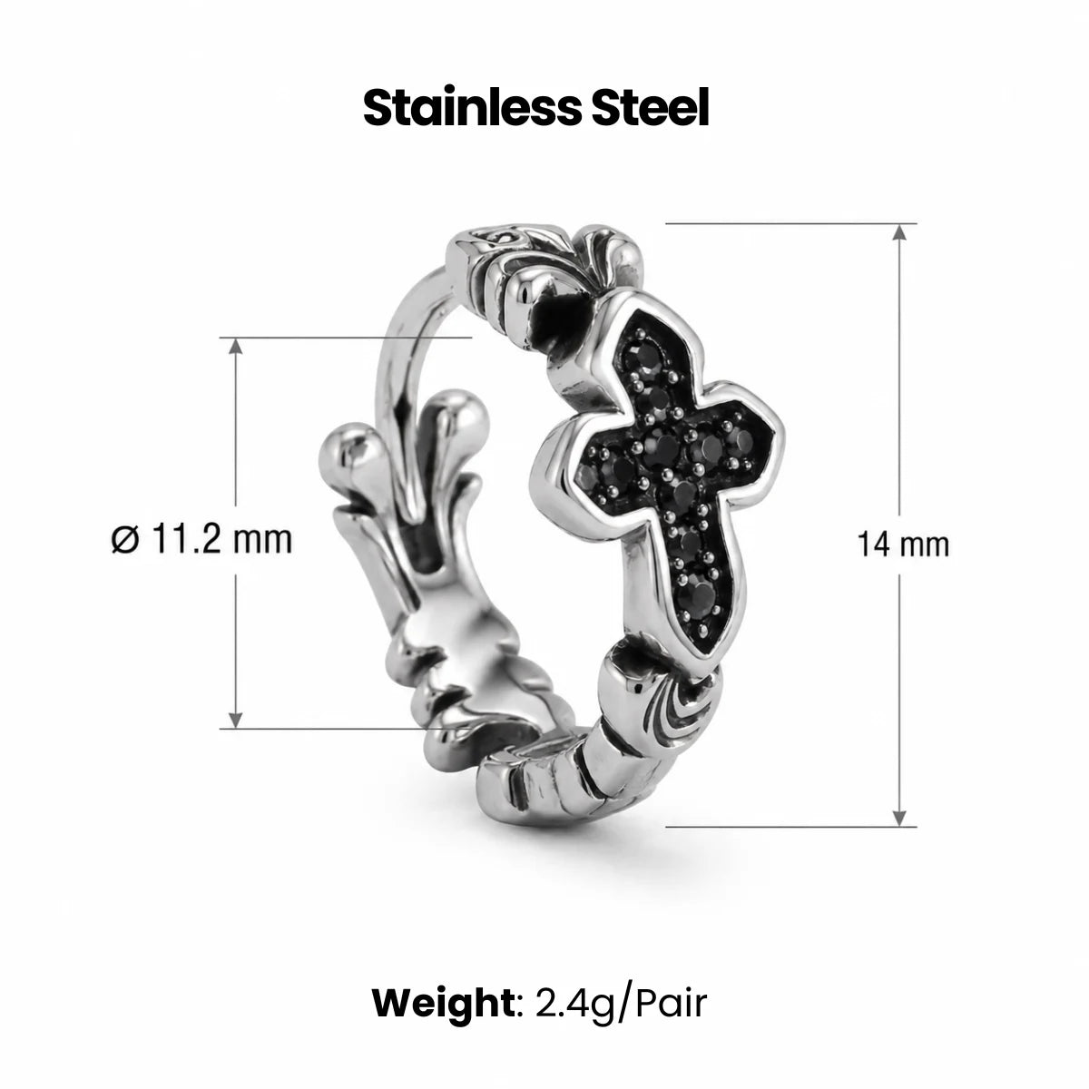 Black CZ Cross Huggie Hoop Earrings Silver Dimensions and Weight Infographic