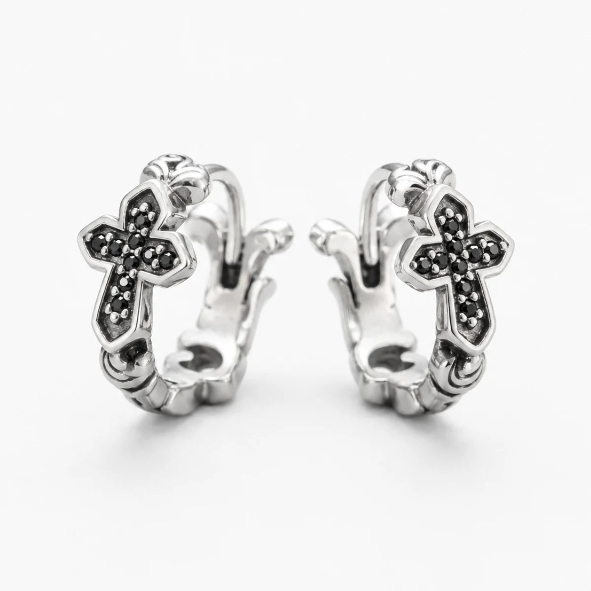 Black CZ Cross Huggie Hoop Earrings Silver Pair Front View White Background