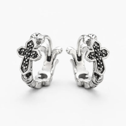 Black CZ Cross Huggie Hoop Earrings Silver Pair Front View White Background